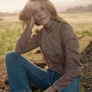 Doen Remy Blouse Victorian Cotton Gauze Top Floral Print Macaroon Rose Pink XS